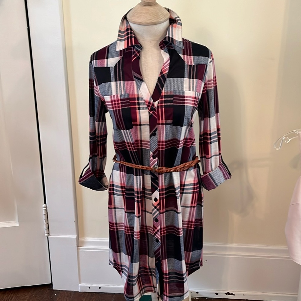 New R&B Plaid front button down belted Dress